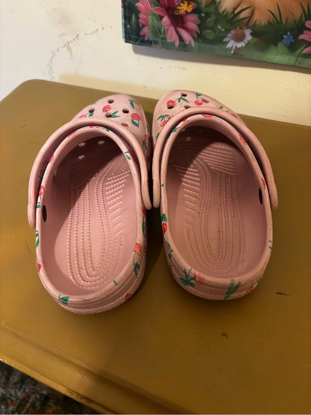 CROCS Kids Pink Cherry Print Clogs with Glitter Strap J2